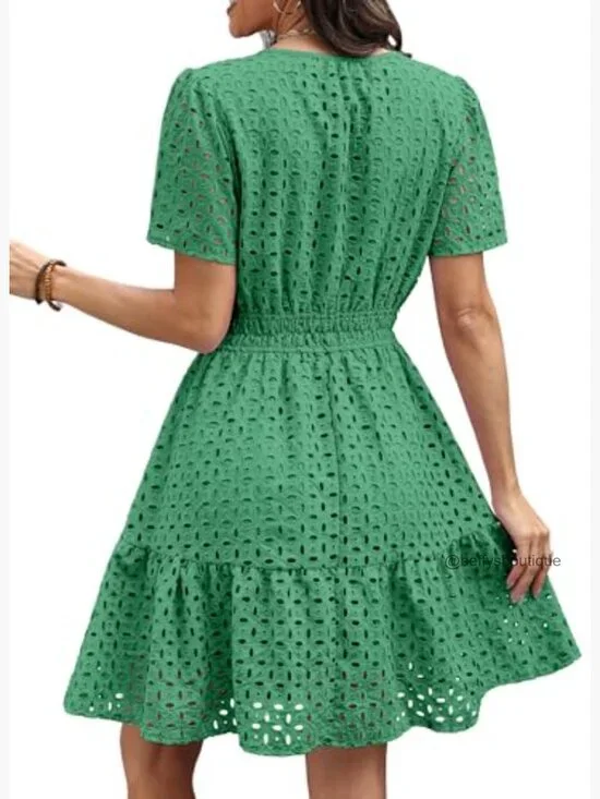 V-Neck Eyelet Lace A-Line Short Dress, Summer Casual, Fully Lined - Picture 5 of 7